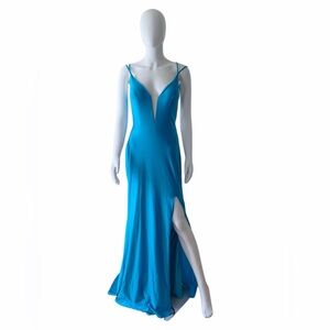 Elegant Blue Gown with Plunge Neckline